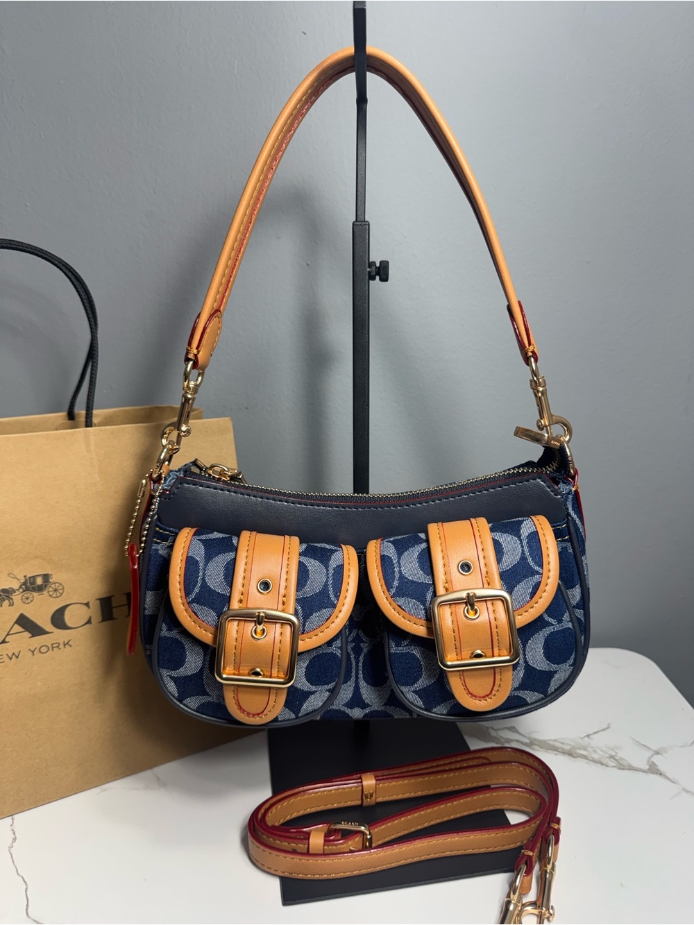 Coach Blue Denim Baguette Signature Shoulder Bag with Tan Leather Trim